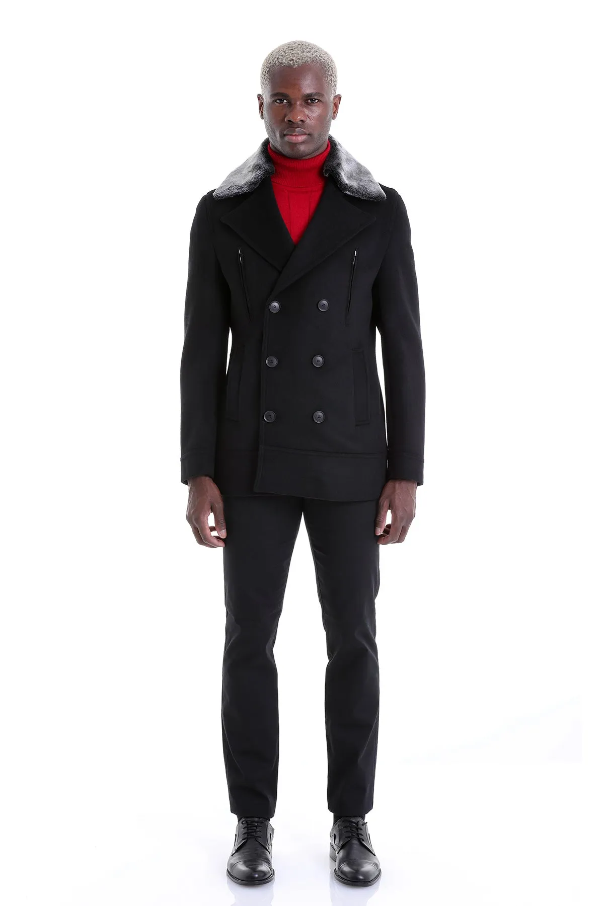 Slim Fit Cachet Double Breasted Black Wool Blend Coat