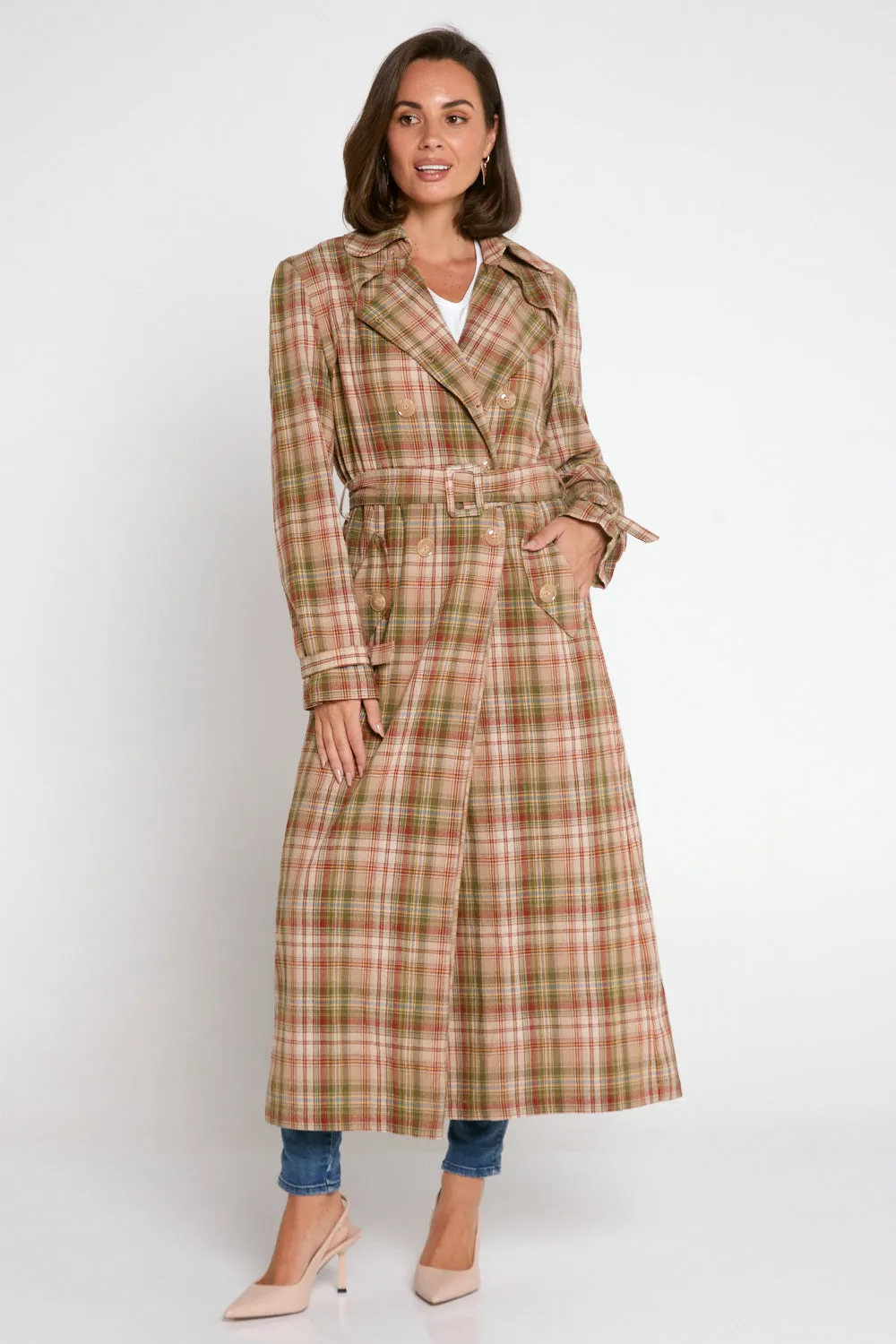 Smith Cotton Trench Coat - Camel/Olive Check