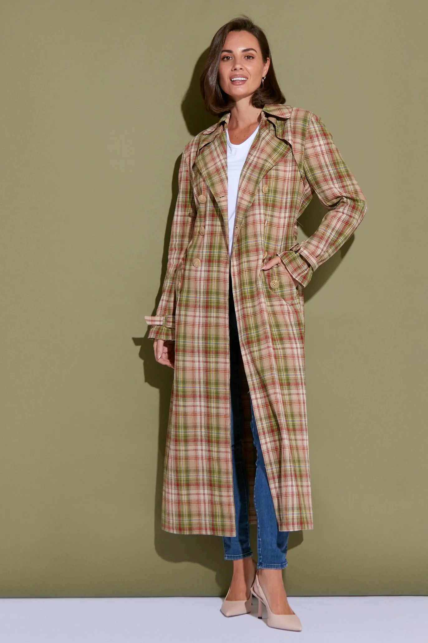 Smith Cotton Trench Coat - Camel/Olive Check