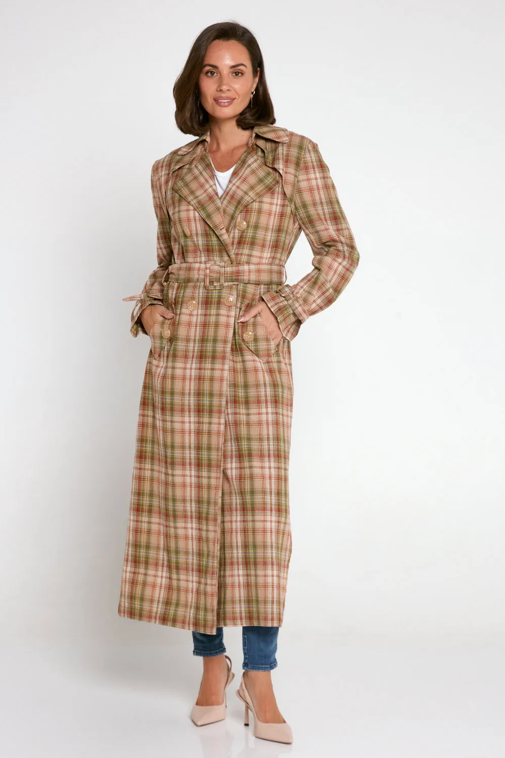 Smith Cotton Trench Coat - Camel/Olive Check