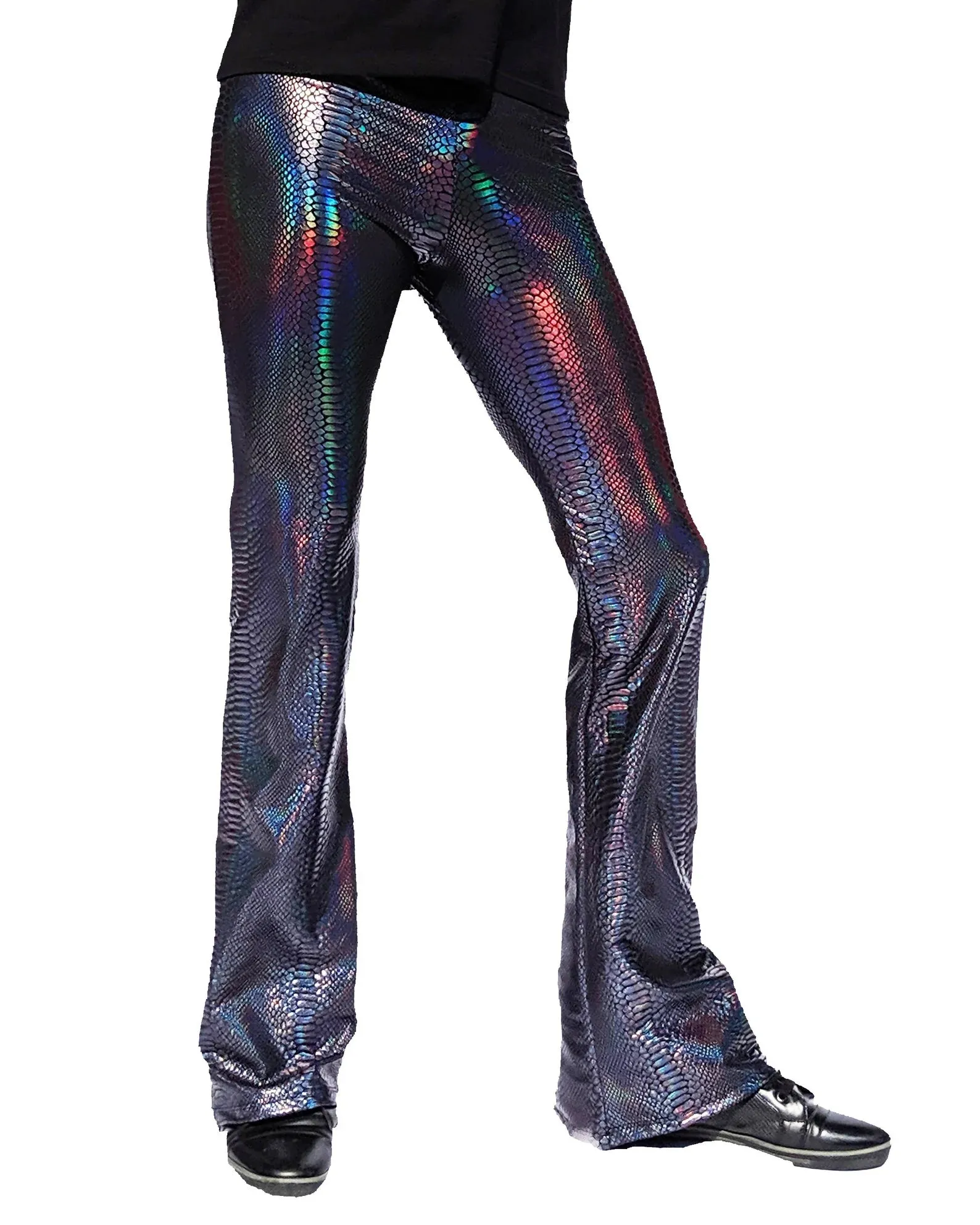 Snake Black: Holographic Iridescent Mens Flare Pants - Snake Skin Print Bell Bottoms