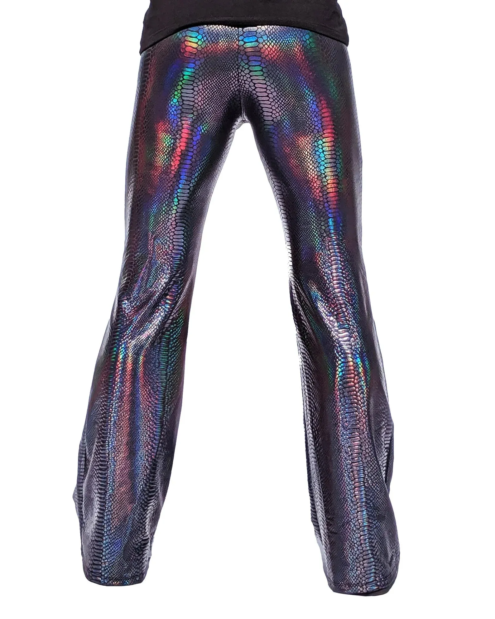 Snake Black: Holographic Iridescent Mens Flare Pants - Snake Skin Print Bell Bottoms