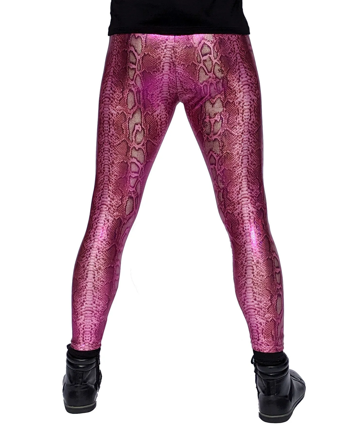 Snake Pink Shimmer: Snake Skin Meggings - Pink Iridescent Snake Mens Leggings