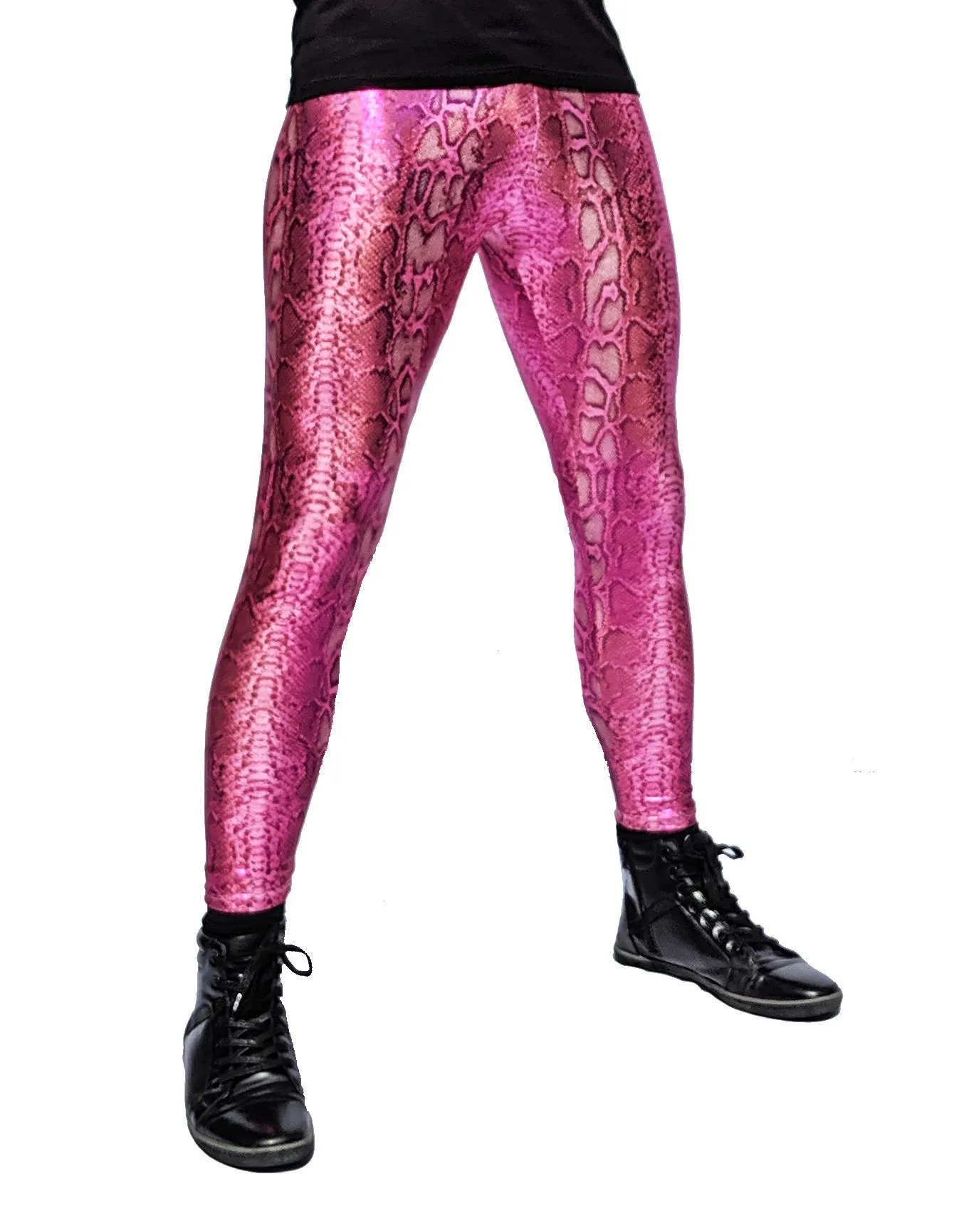 Snake Pink Shimmer: Snake Skin Meggings - Pink Iridescent Snake Mens Leggings