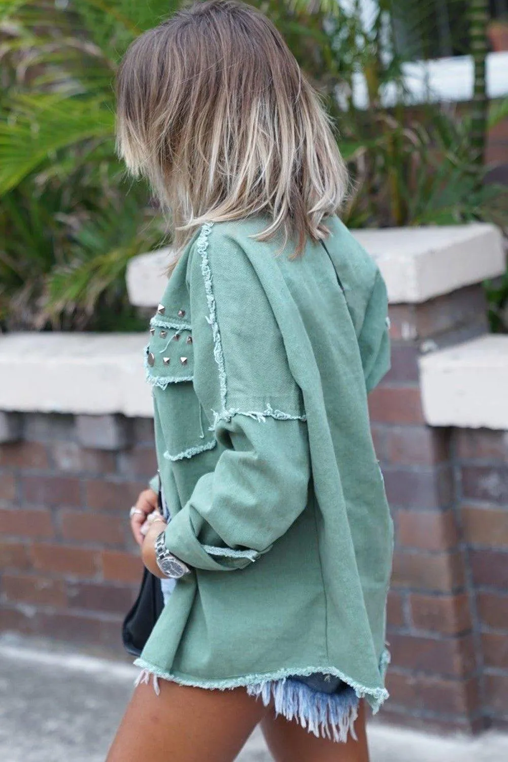 Soft Green Rivet Frayed Denim Jacket