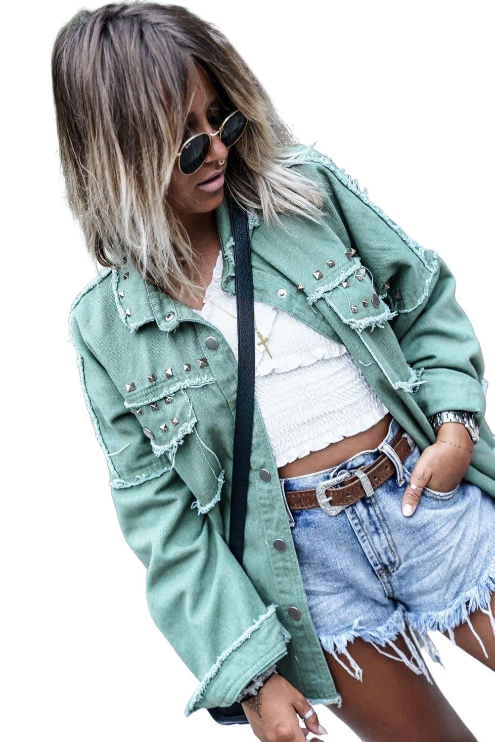 Soft Green Rivet Frayed Denim Jacket