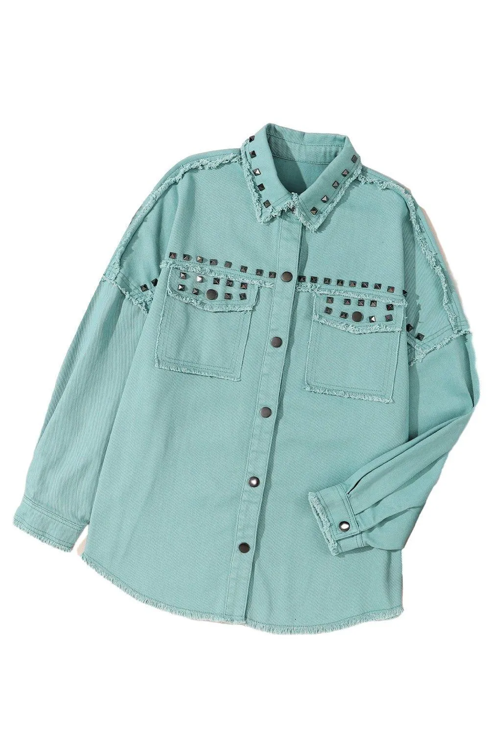 Soft Green Rivet Frayed Denim Jacket