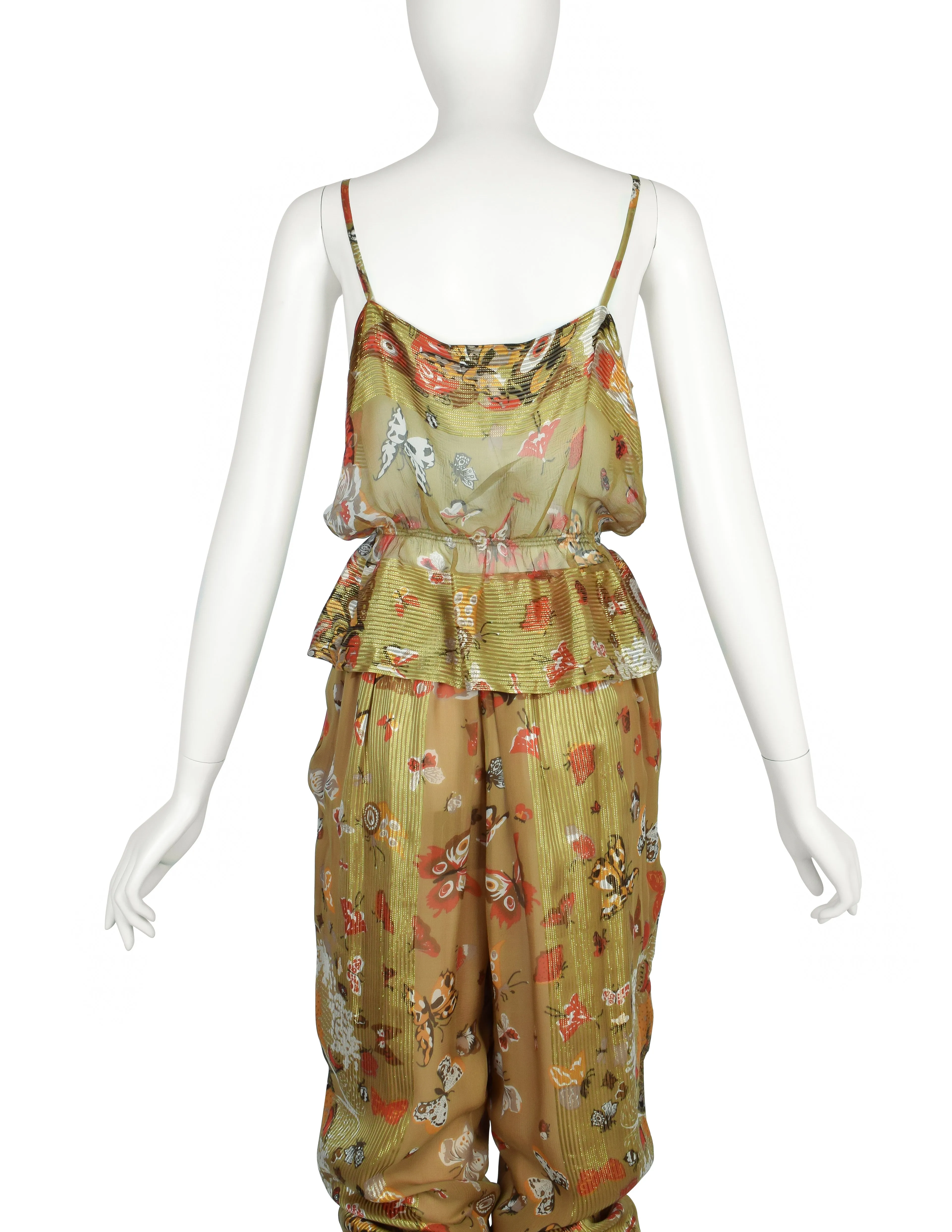 Soo Yung Lee Vintage Green Butterfly Floral Cat Print Silk 3 Piece Ensemble