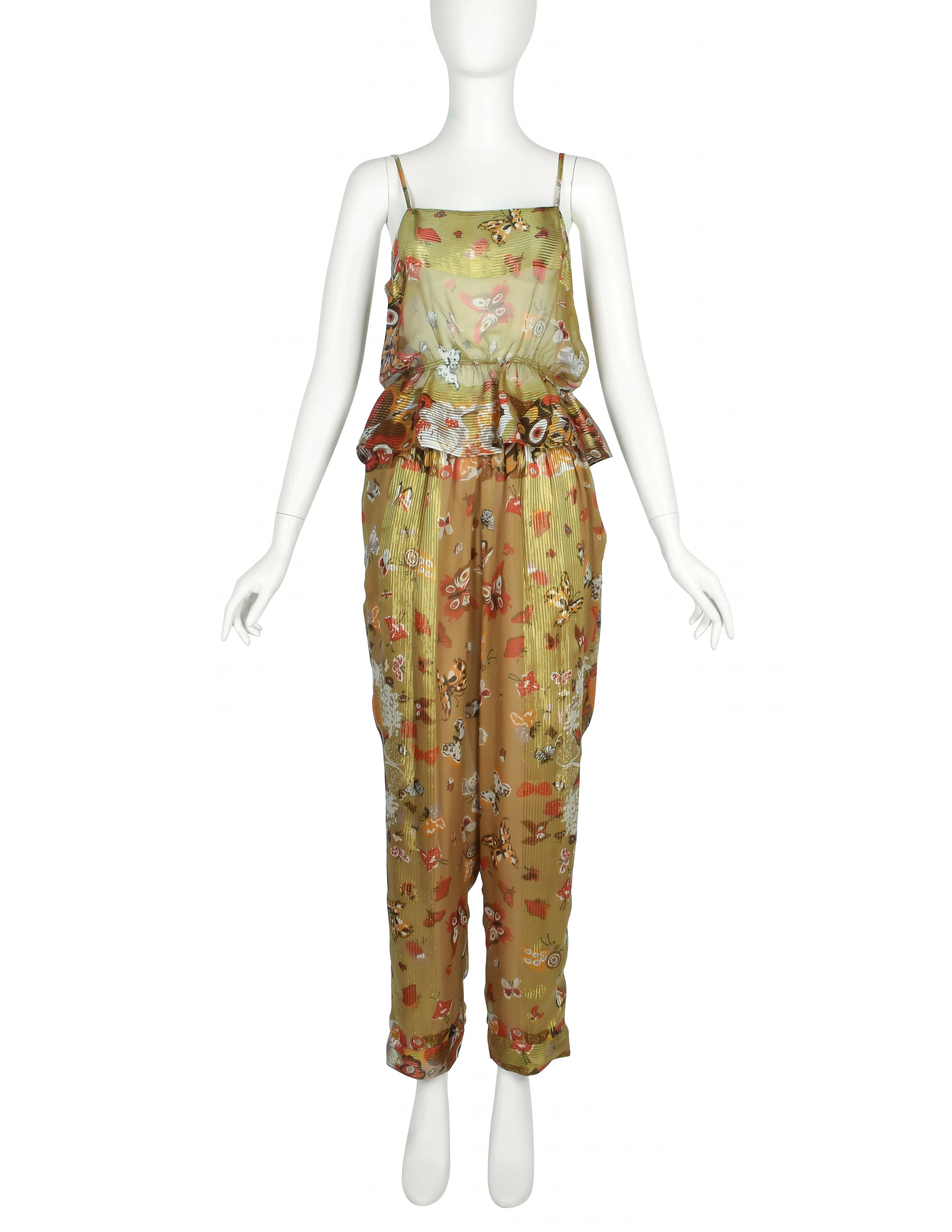 Soo Yung Lee Vintage Green Butterfly Floral Cat Print Silk 3 Piece Ensemble