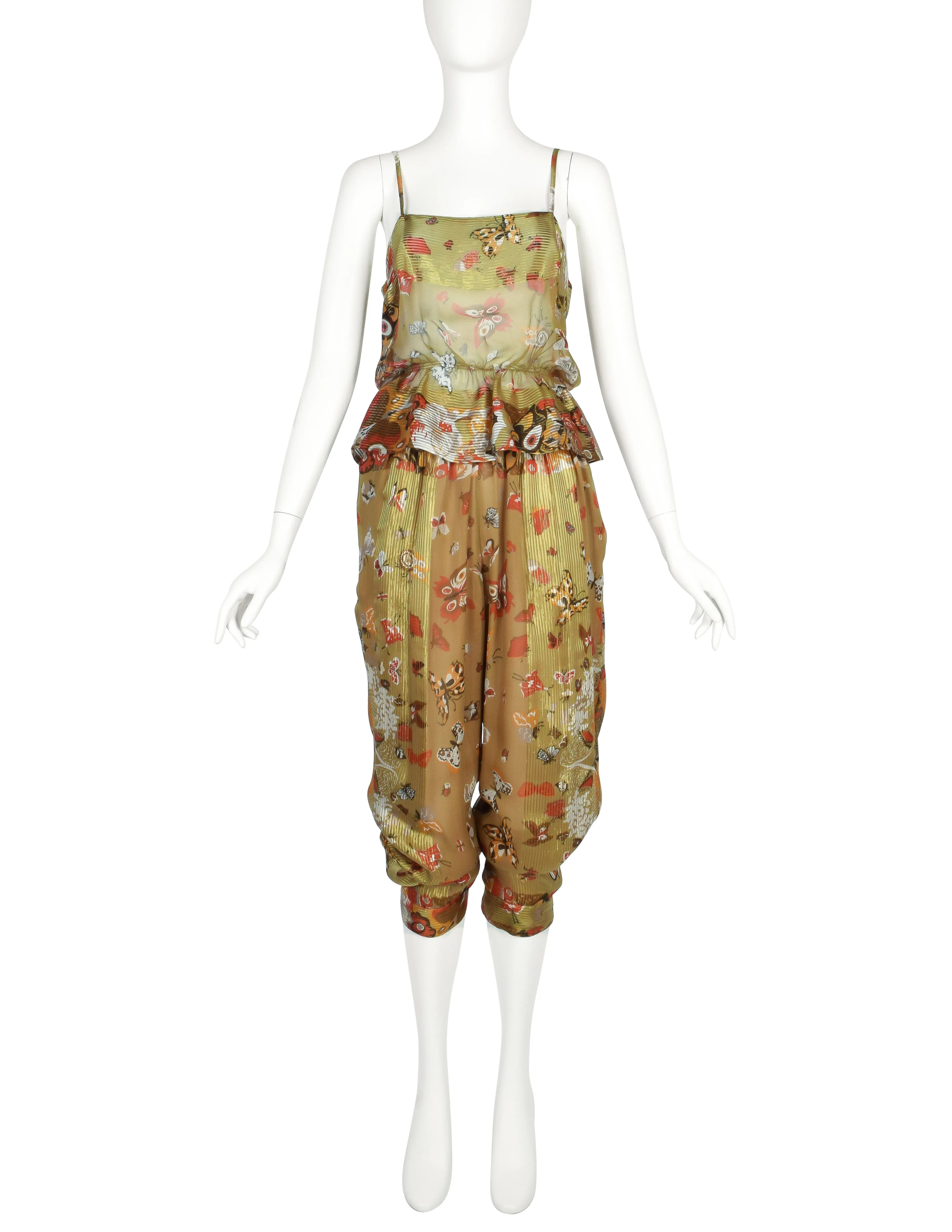 Soo Yung Lee Vintage Green Butterfly Floral Cat Print Silk 3 Piece Ensemble