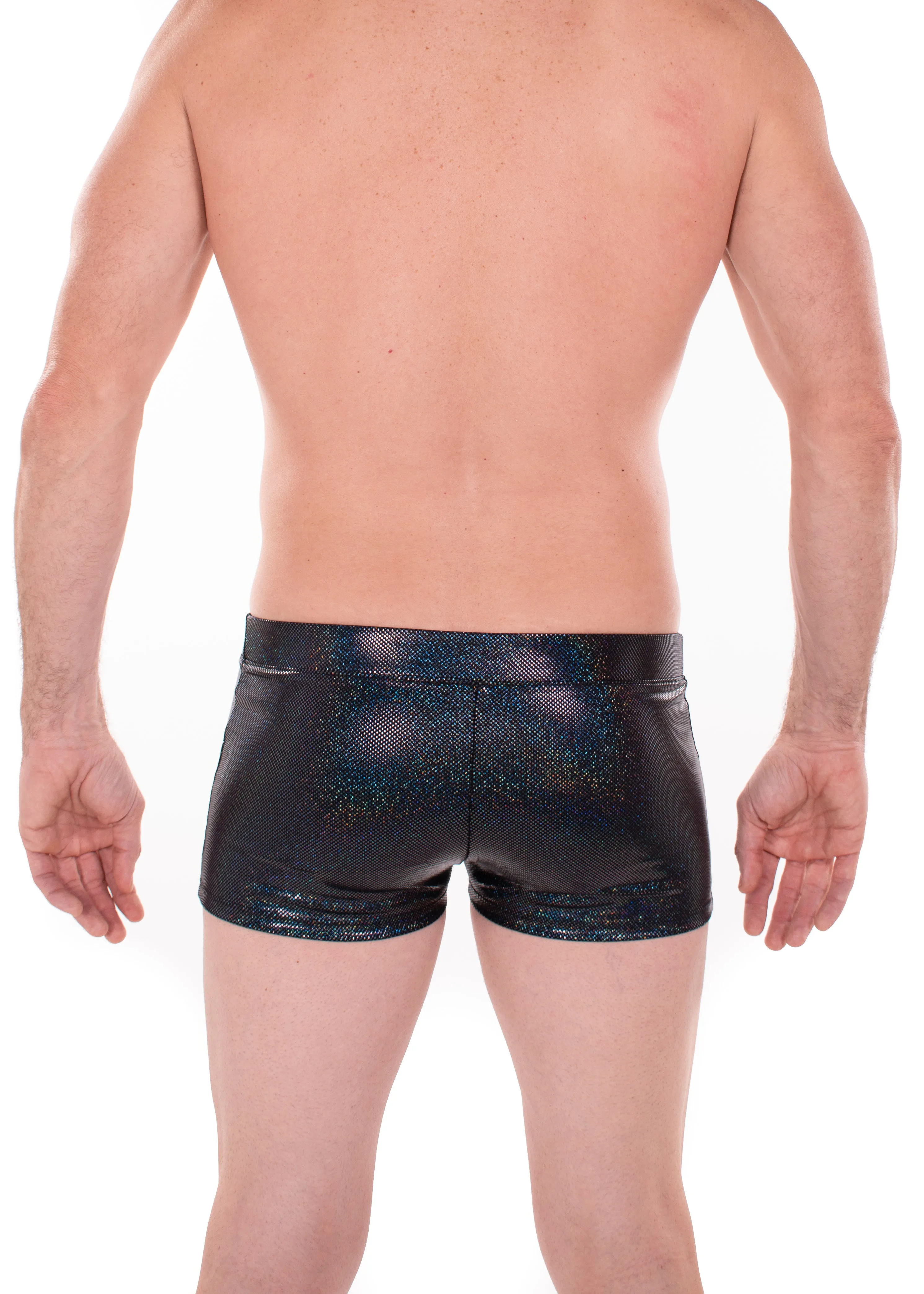 Sparkle BLACK Holographic Men's Brief Booty Shorts // Square Front Swim Trunks Festival Shorts