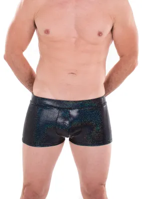 Sparkle BLACK Holographic Men's Brief Booty Shorts // Square Front Swim Trunks Festival Shorts