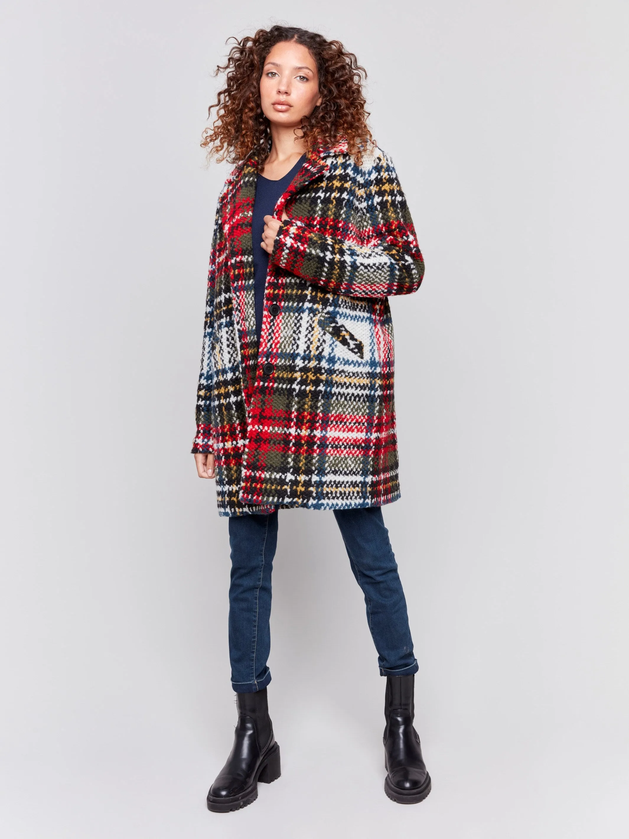 Straight Cut Plaid Bouclé Knit Coat - Cranberry