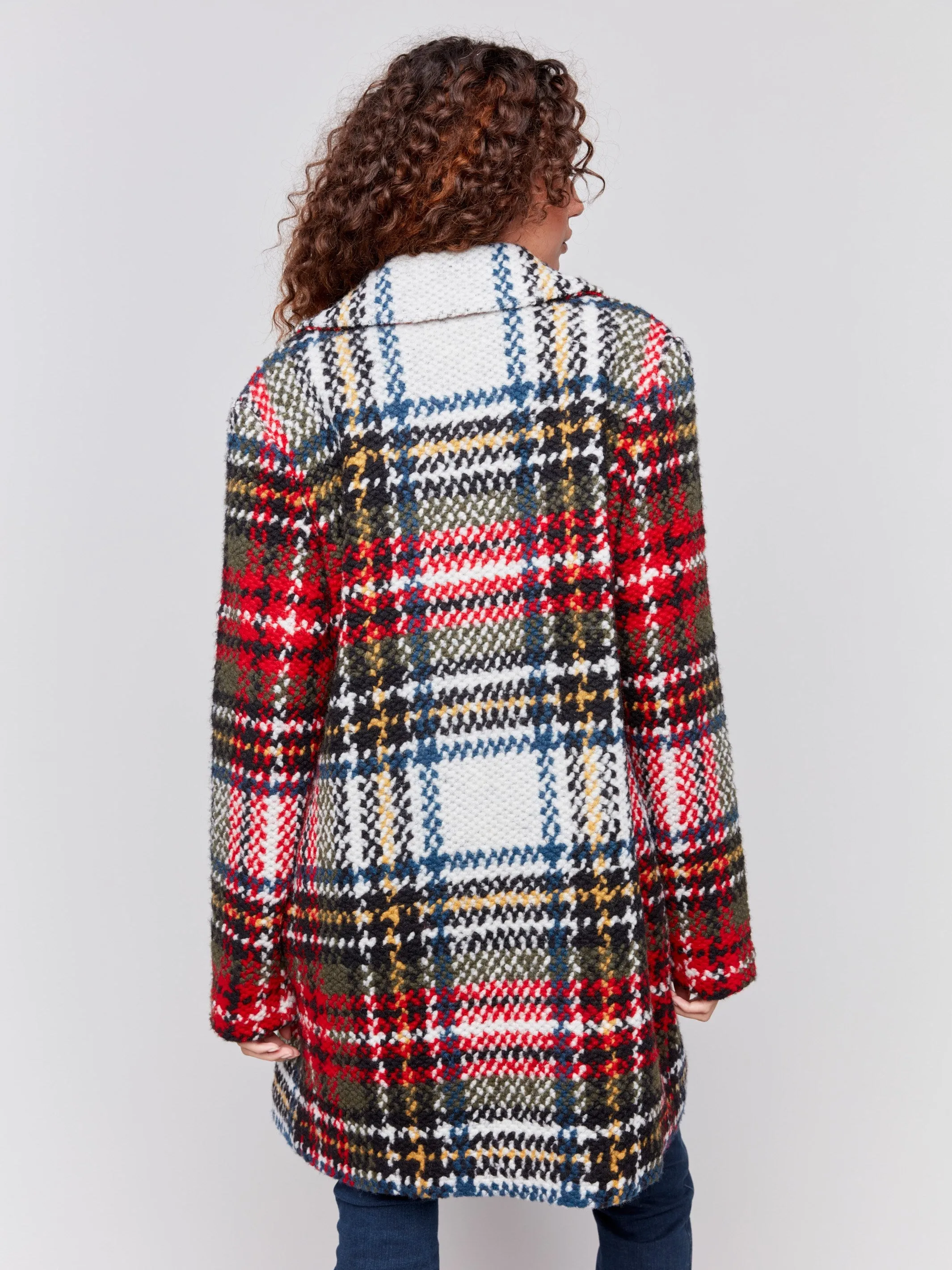 Straight Cut Plaid Bouclé Knit Coat - Cranberry