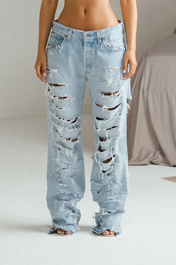 Street Style Washed Straight Leg Ripped Jeans