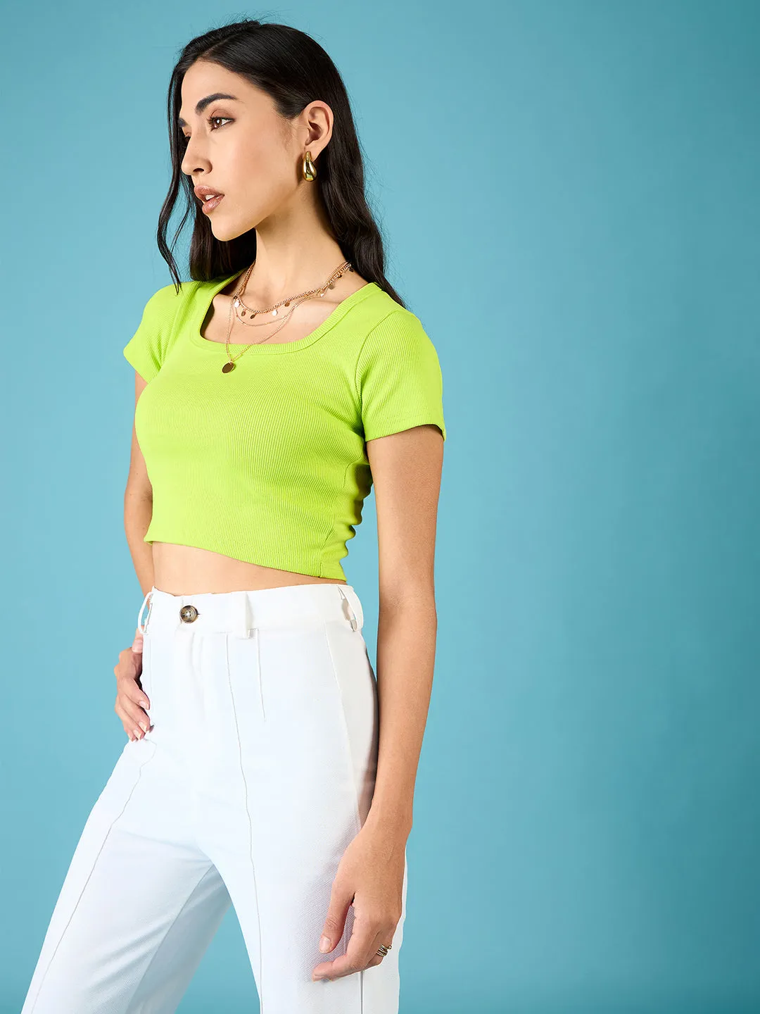 Stretchable Ribbed Half Sleeve Crop Top