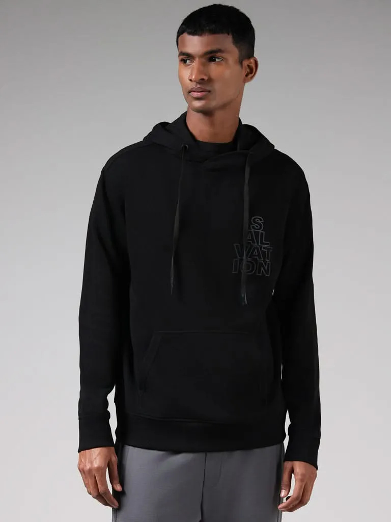 Studiofit Black Typographic Printed Cotton Blend Relaxed-Fit Hoodie