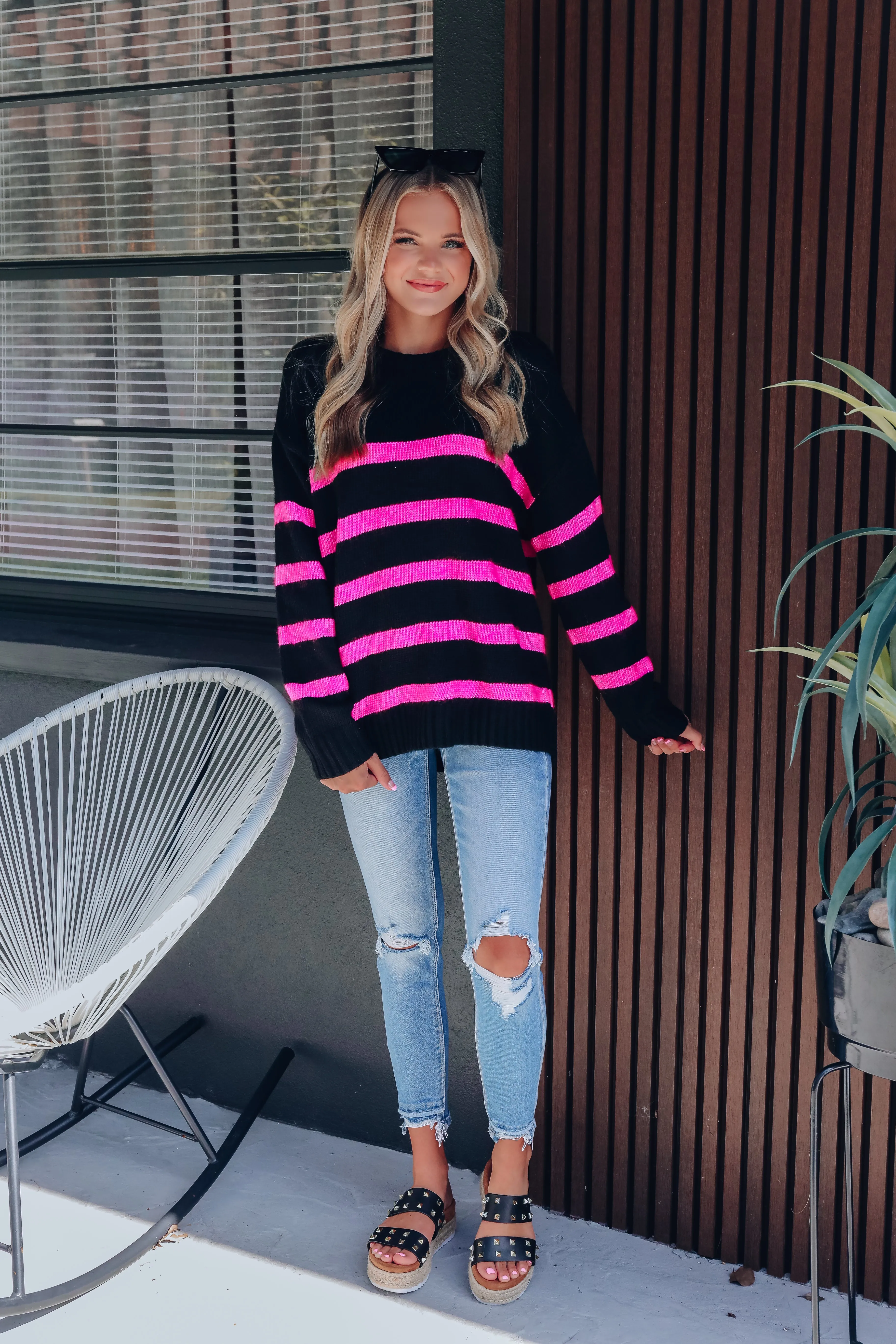 Sumner Cozy Striped Knit Sweater - Black/Pink