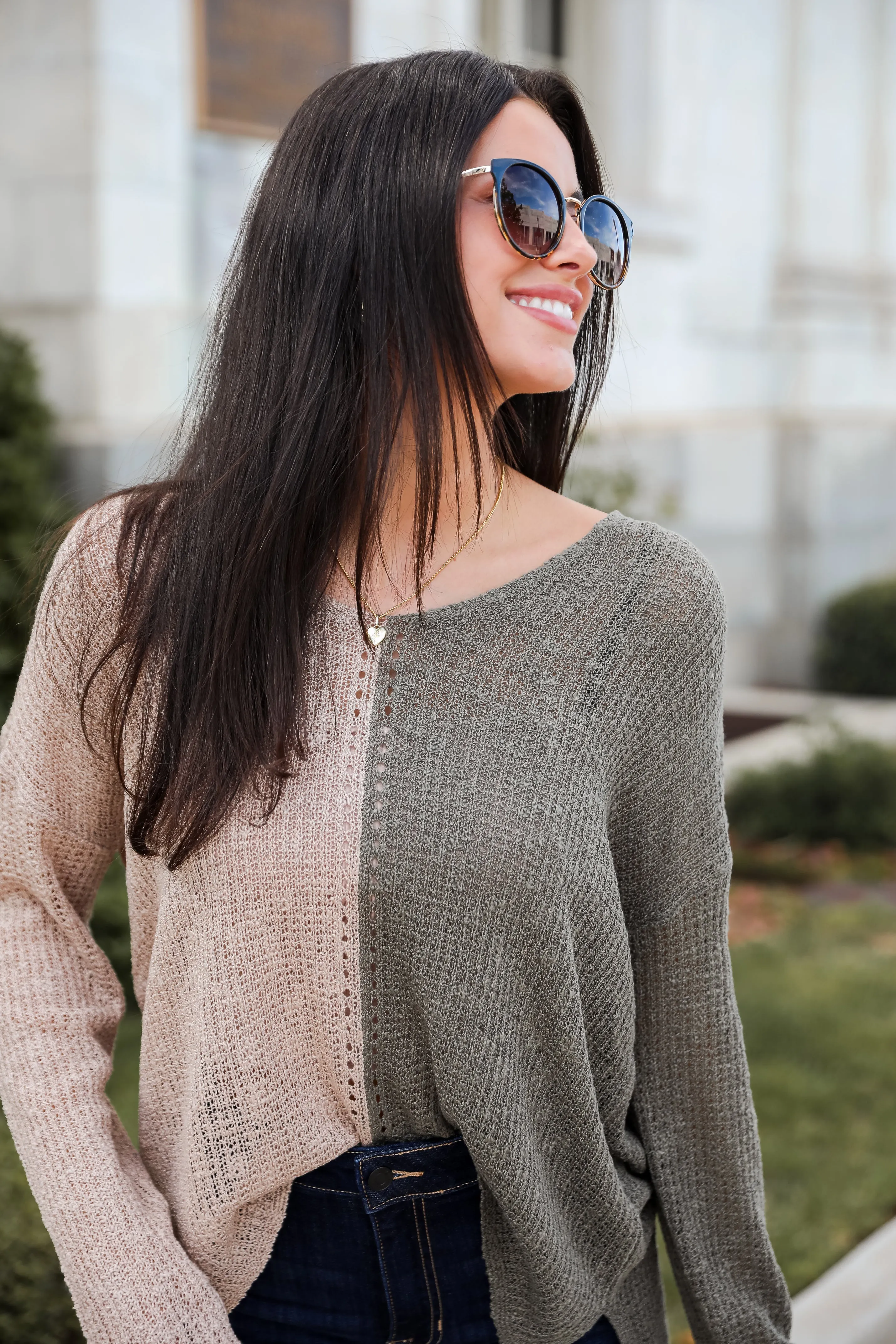 Sweetest Attitude Olive Color Block Lightweight Knit Sweater