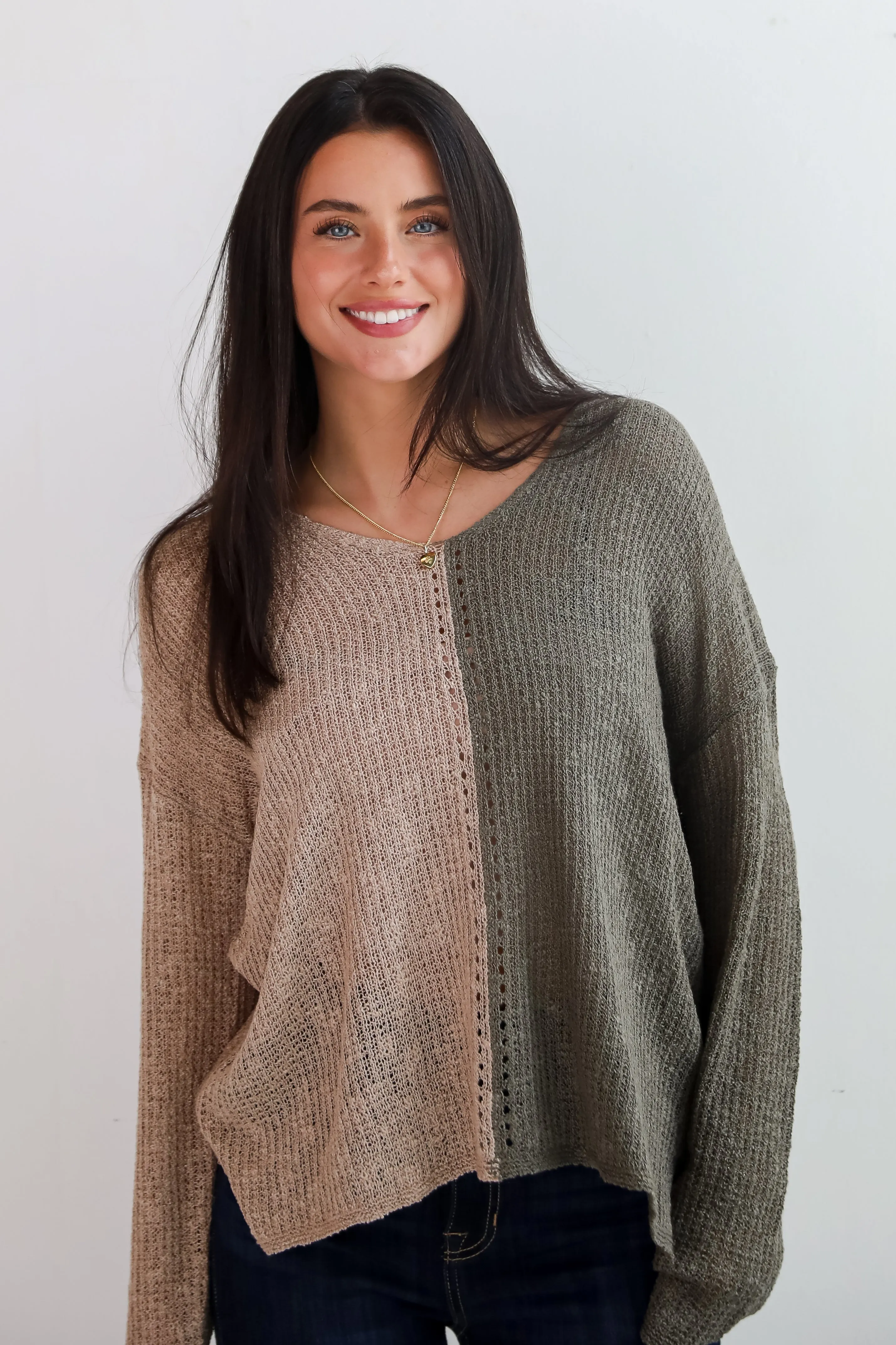 Sweetest Attitude Olive Color Block Lightweight Knit Sweater