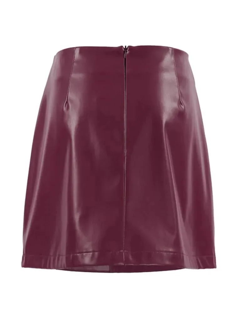 TAVIMART  -  Wine Red Vintage Pu Leather Short Skirt Streetwear New Zipper Autumn Skirt For Women Fashion Double Layered Plushed Winter Skirt