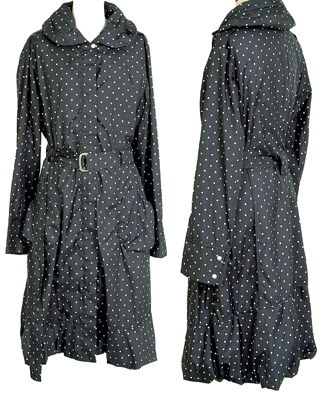 t.b SENSOUNICO Japan. Black Poly Dot Zipper Light Weight Rain Trench Coat