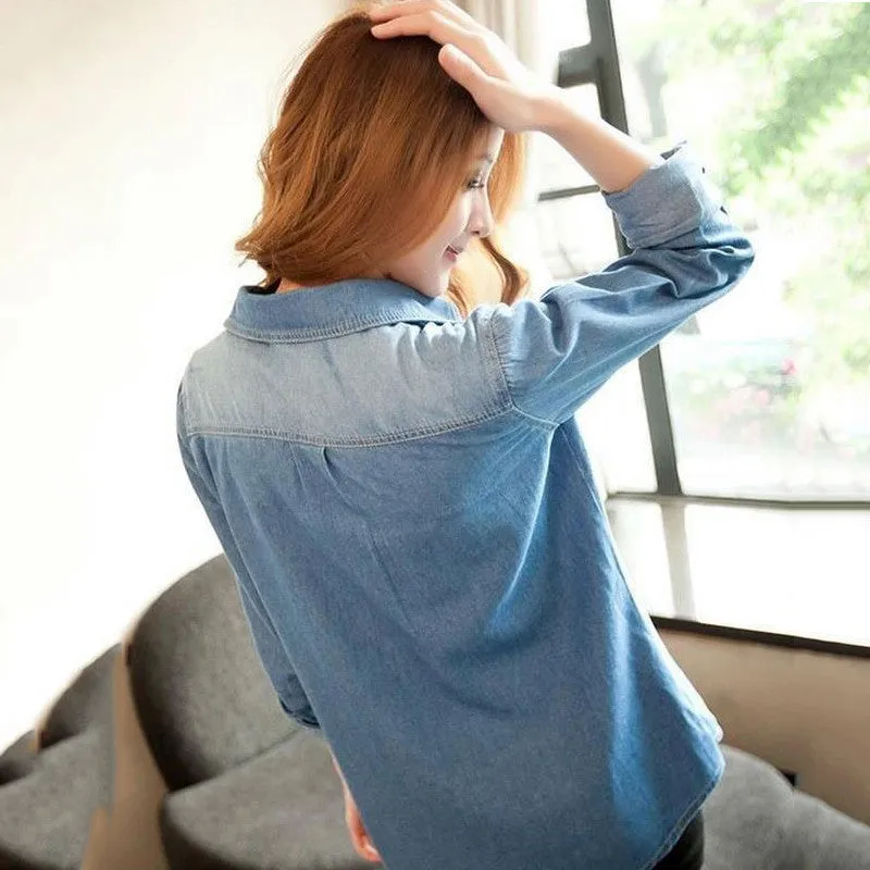 TC Plus Size Denim Shirt Women Clothing Nostalgic Gradient Jeans Shirt  Vintage Womens Camisa Jeans Blusas Feminina Blouse