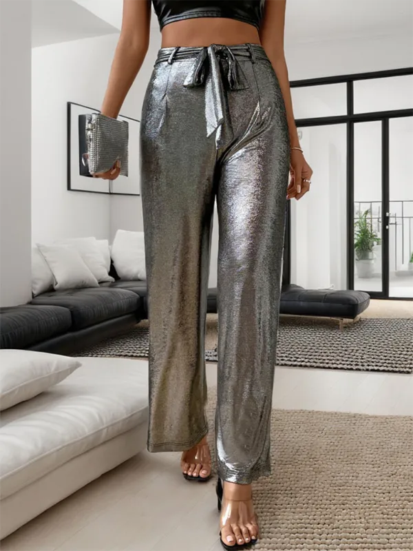 TEEK - Silver Gray Y2K Metallic Straight Pants