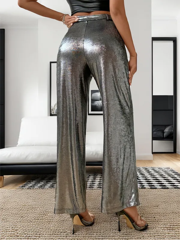 TEEK - Silver Gray Y2K Metallic Straight Pants