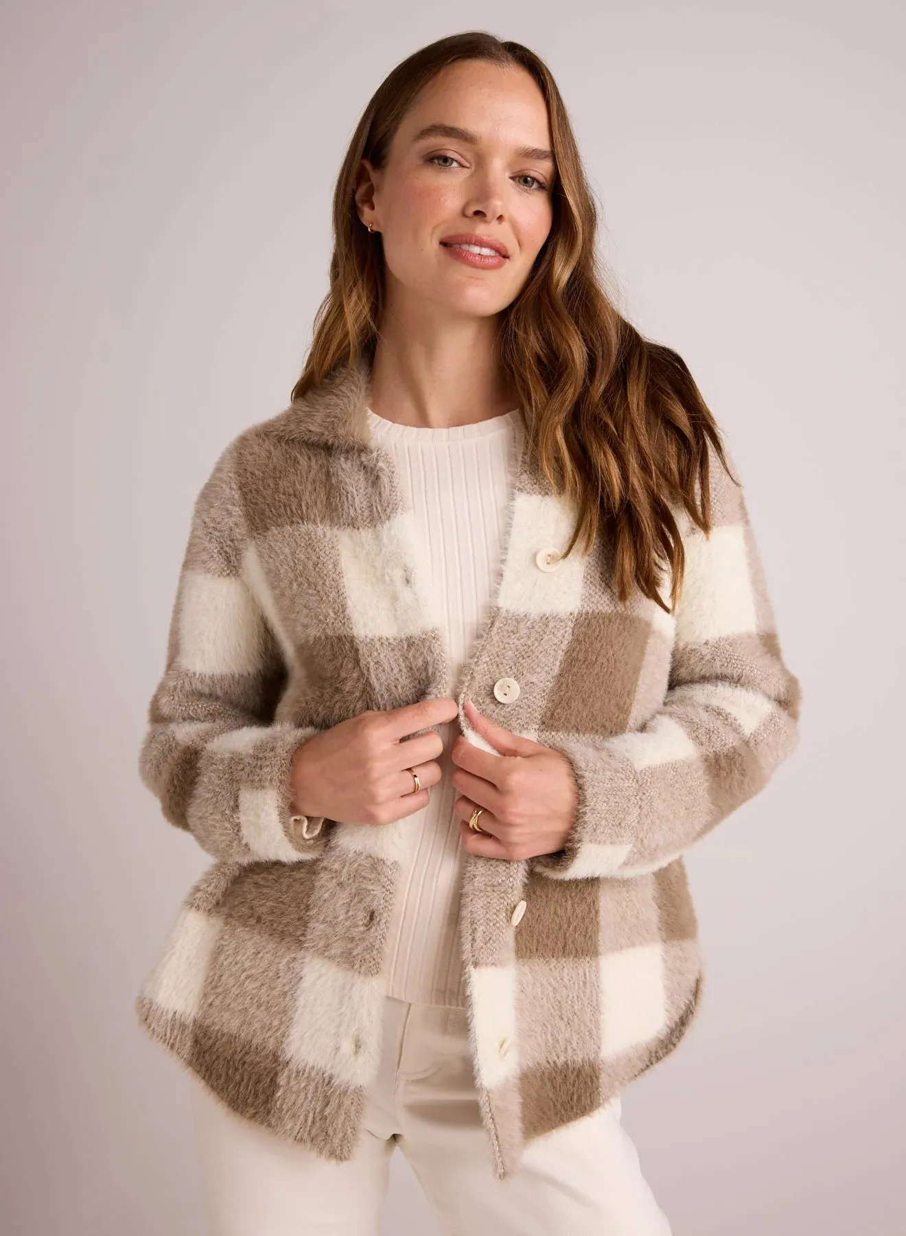 The Knitted Fuzzy Shacket - Ivory & Fawn