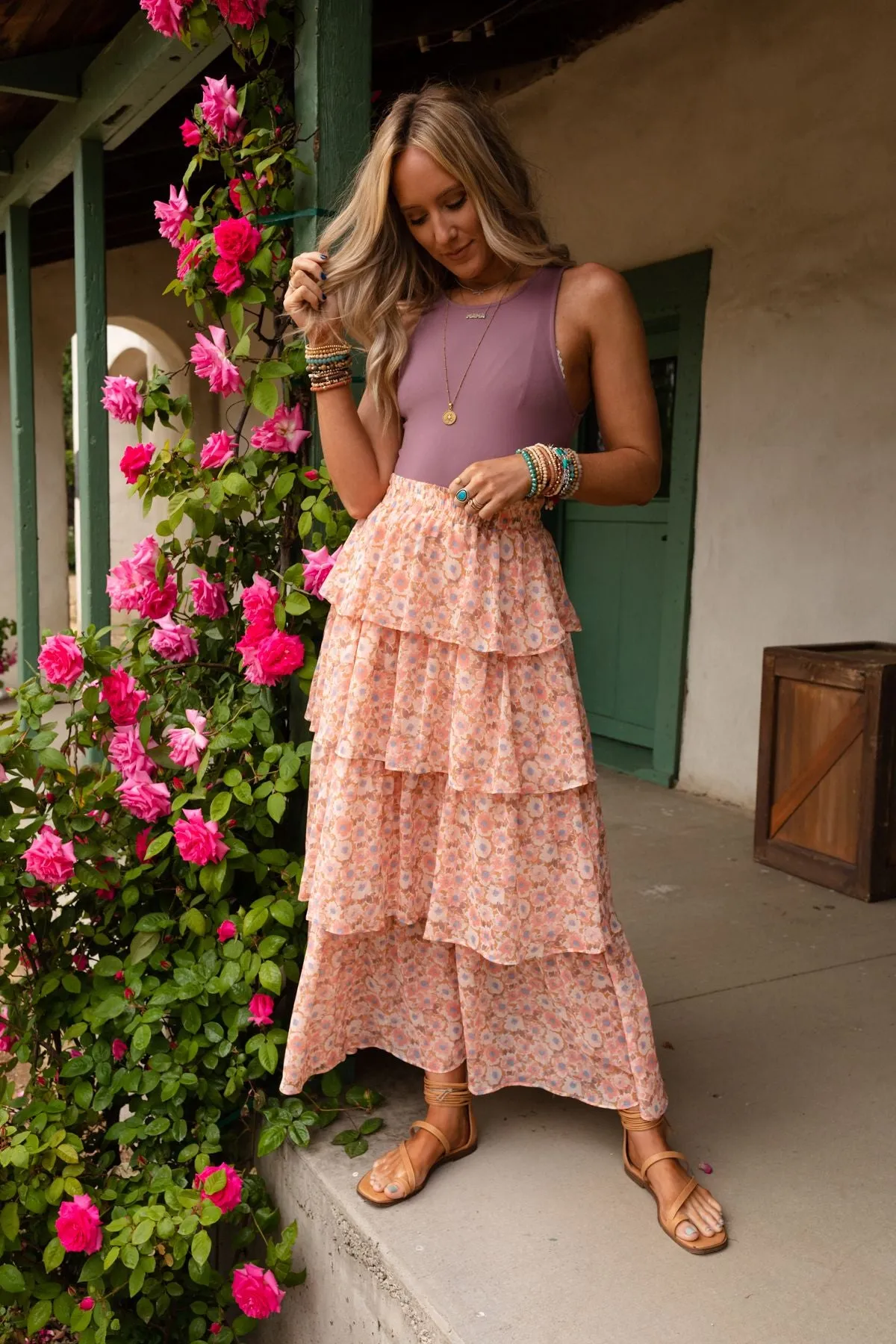 The Nest Tiers Of Joy Ruffle Maxi Skirt - Pink