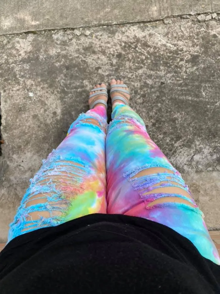 Tie Dye Distressed Skinny Jeans, Neon