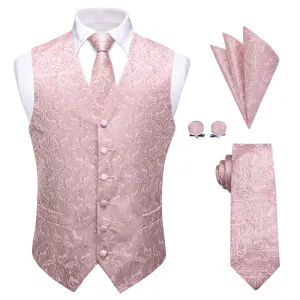 Ties2you Baby Pink Paisley Jacquard Silk Men's Vest Hanky Cufflinks Tie Set