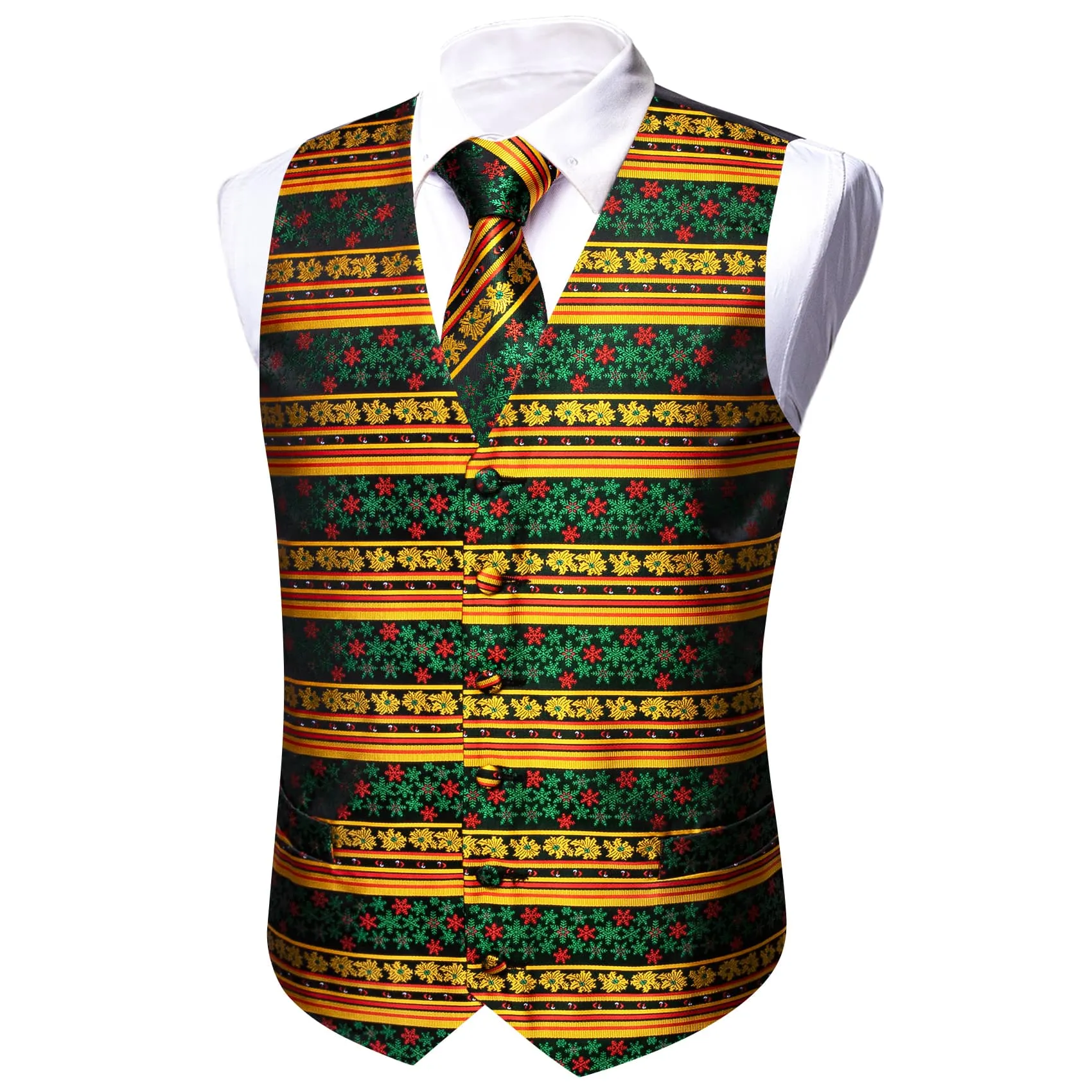 Ties2you Christmas Vest Yellow Green Snowflake Novelty Silk Men's Vest Tie Set