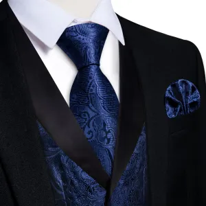 Ties2you Dress Vest Dark Blue Floral Shawl Collar Silk Mens Waistcoat Tie Set