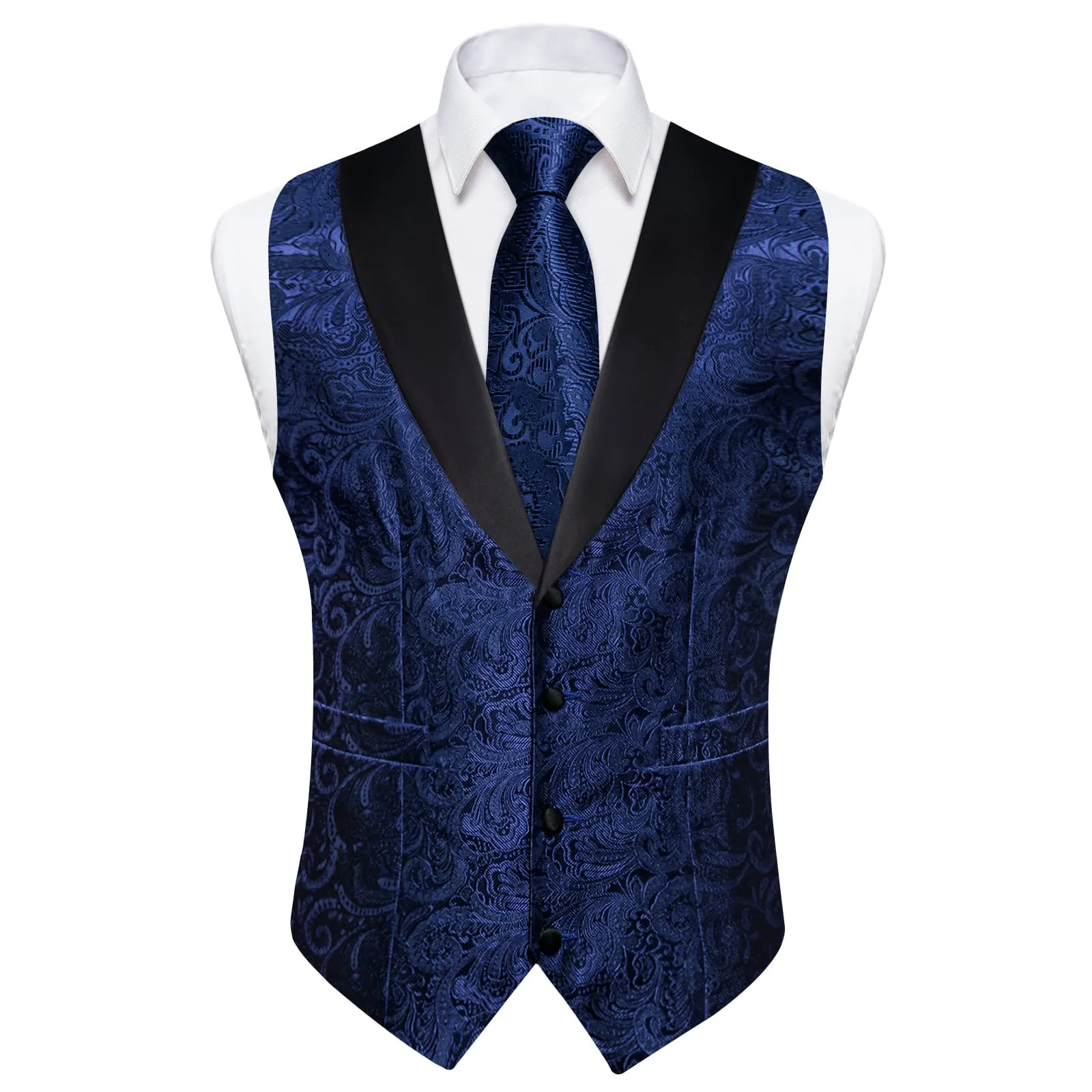 Ties2you Dress Vest Dark Blue Floral Shawl Collar Silk Mens Waistcoat Tie Set