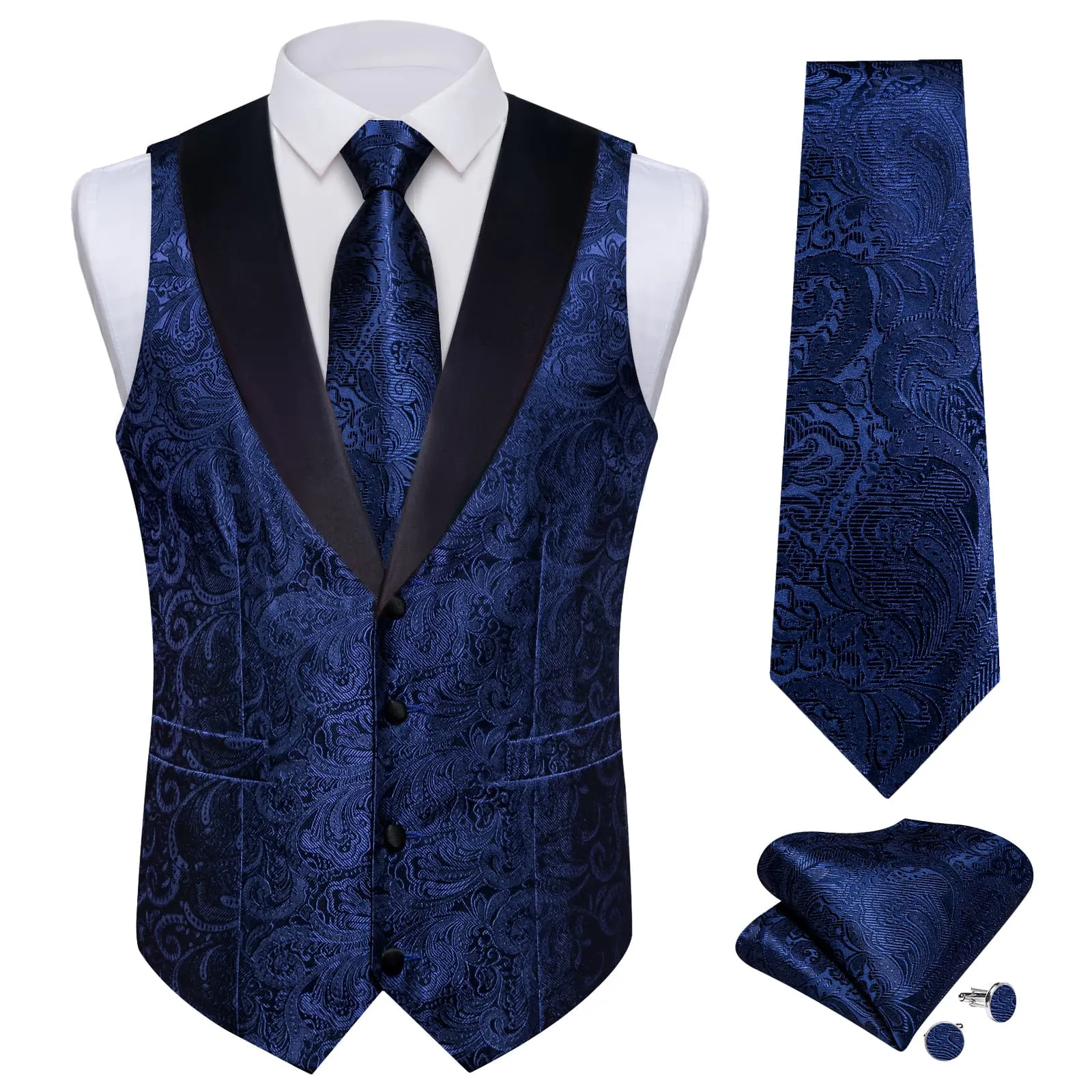 Ties2you Dress Vest Dark Blue Floral Shawl Collar Silk Mens Waistcoat Tie Set