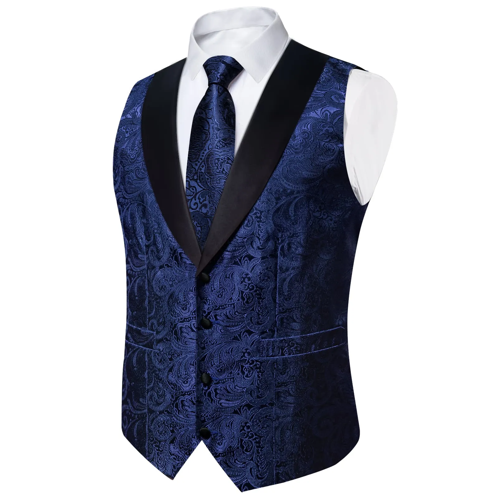 Ties2you Dress Vest Dark Blue Floral Shawl Collar Silk Mens Waistcoat Tie Set