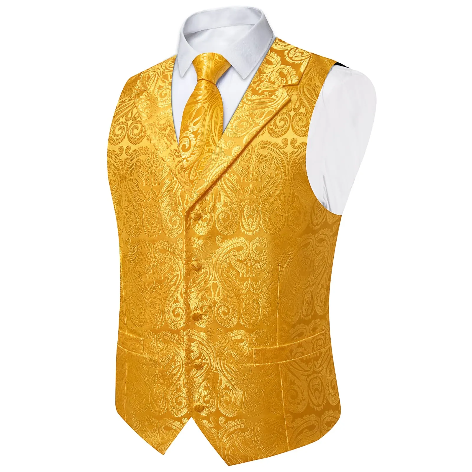 Ties2you Dress Vest Gamboge Yellow Paisley Notched Collar Silk Mens Work Vest Tie Set