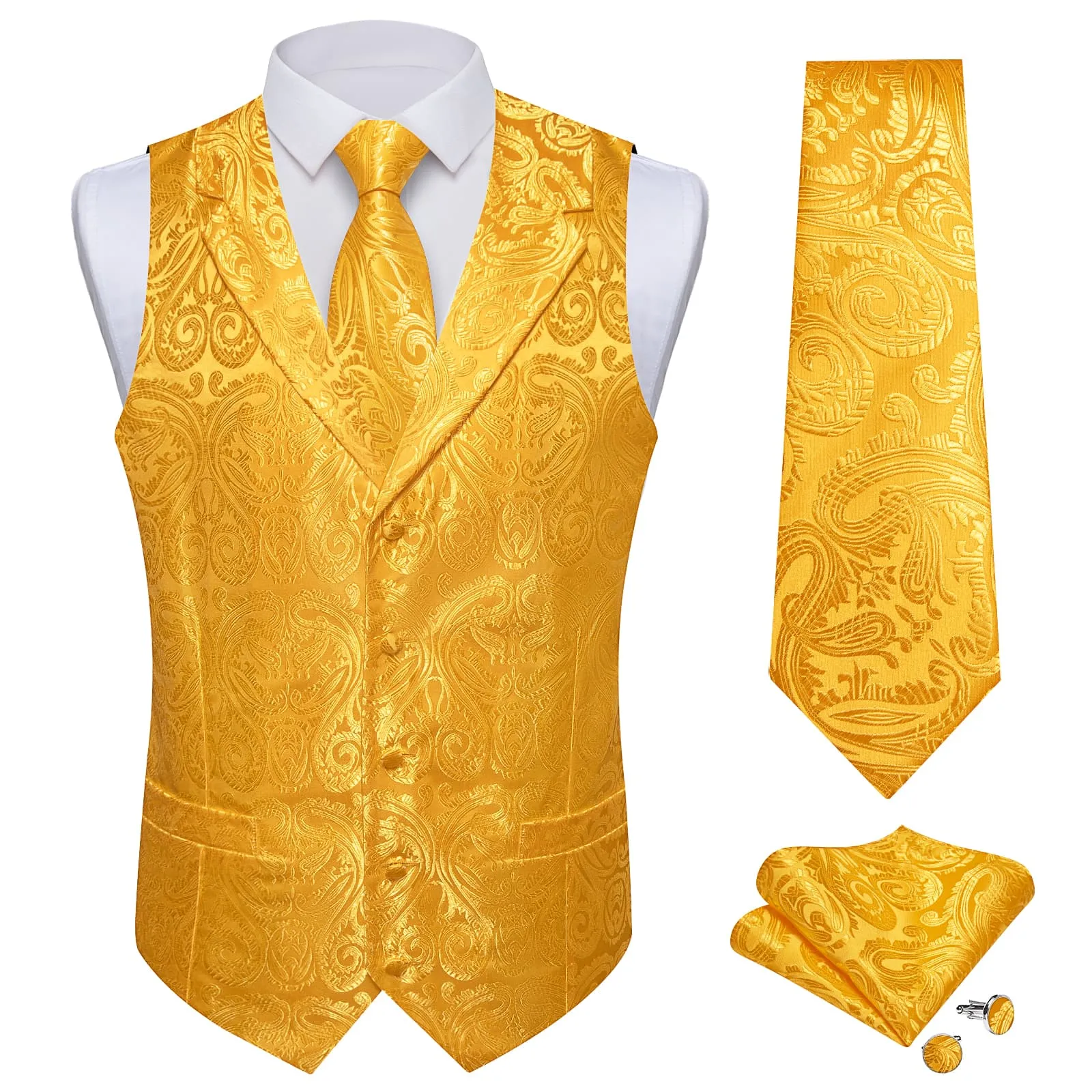 Ties2you Dress Vest Gamboge Yellow Paisley Notched Collar Silk Mens Work Vest Tie Set