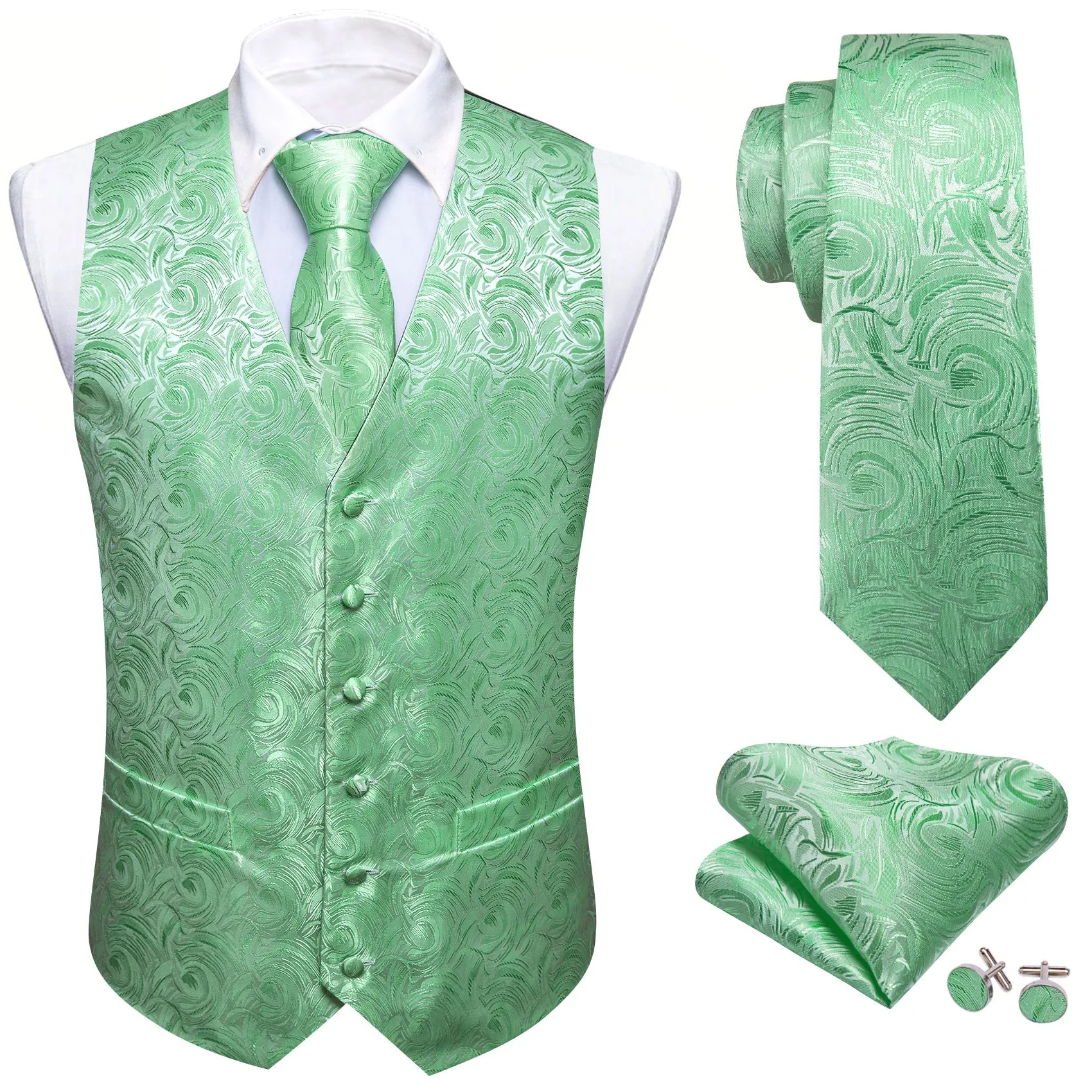 Ties2you Floral Tie Turquoise Green Silk Men's Vest Hanky Cufflinks Tie Set