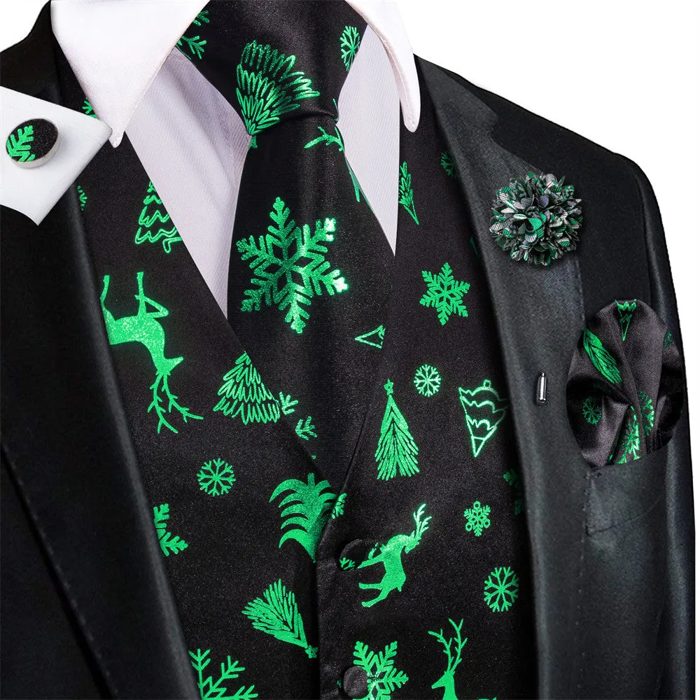 Ties2you Mens Silk Waistcoat Black Green Christmas Elements Vest Necktie Set