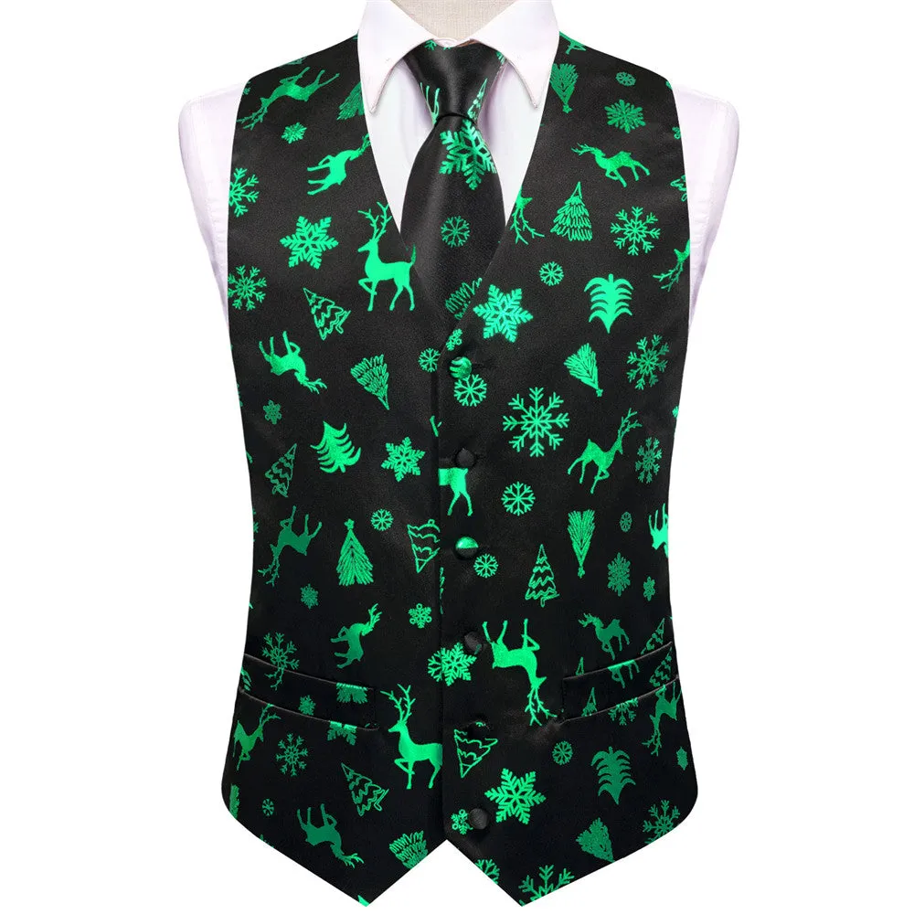 Ties2you Mens Silk Waistcoat Black Green Christmas Elements Vest Necktie Set