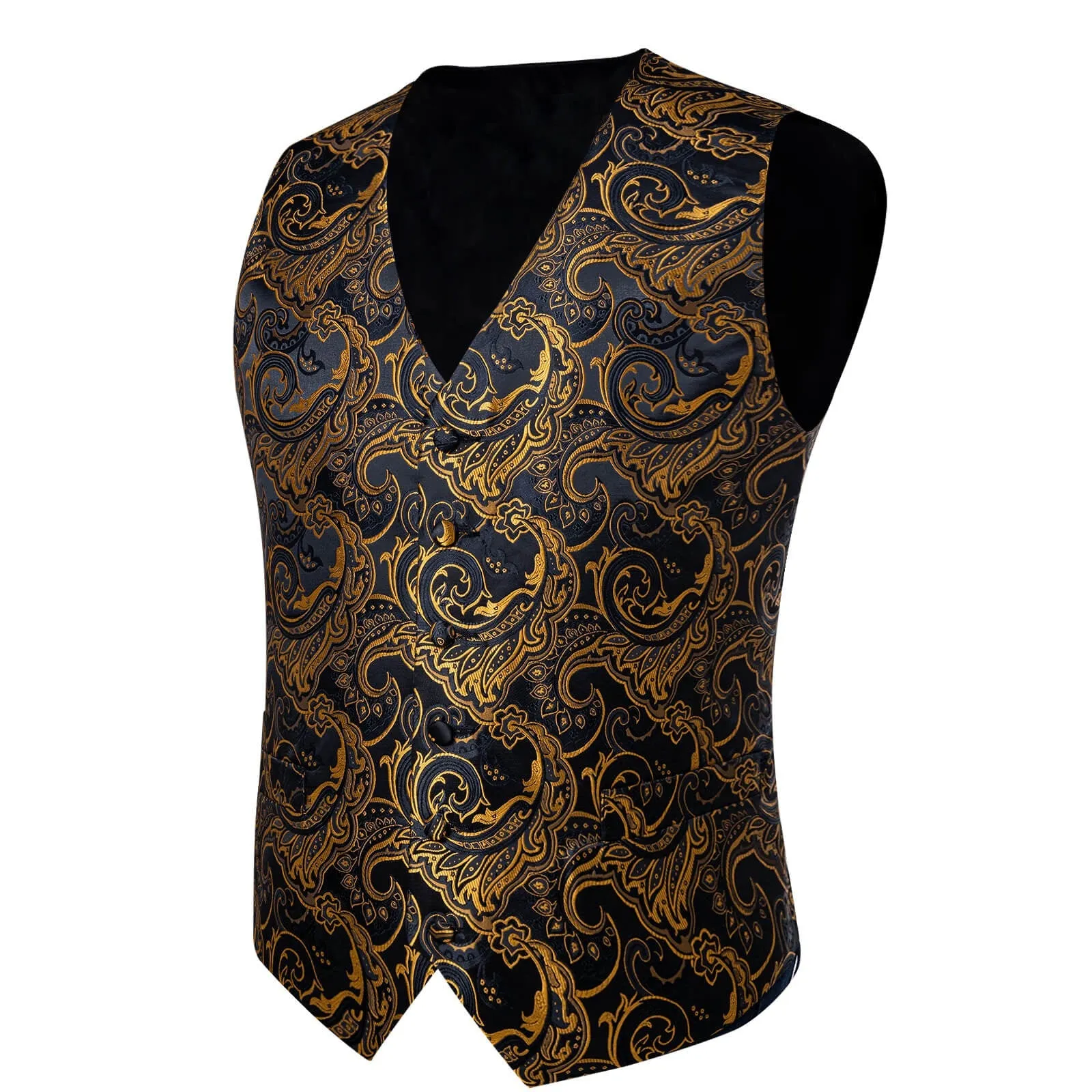 Ties2you Men's Vest Black Gold Floral Silk Single Waistcoat Suit Vest