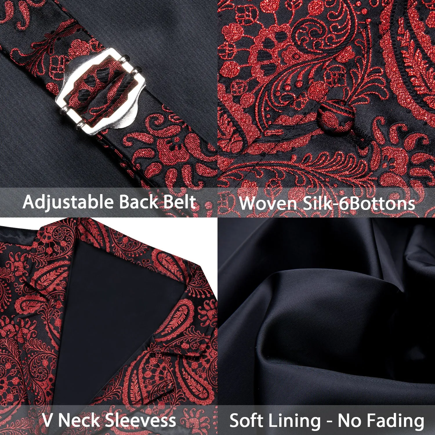 Ties2you Men's Vest Black Red Paisley Jacquard Notched Collar Victorian Suit Vest