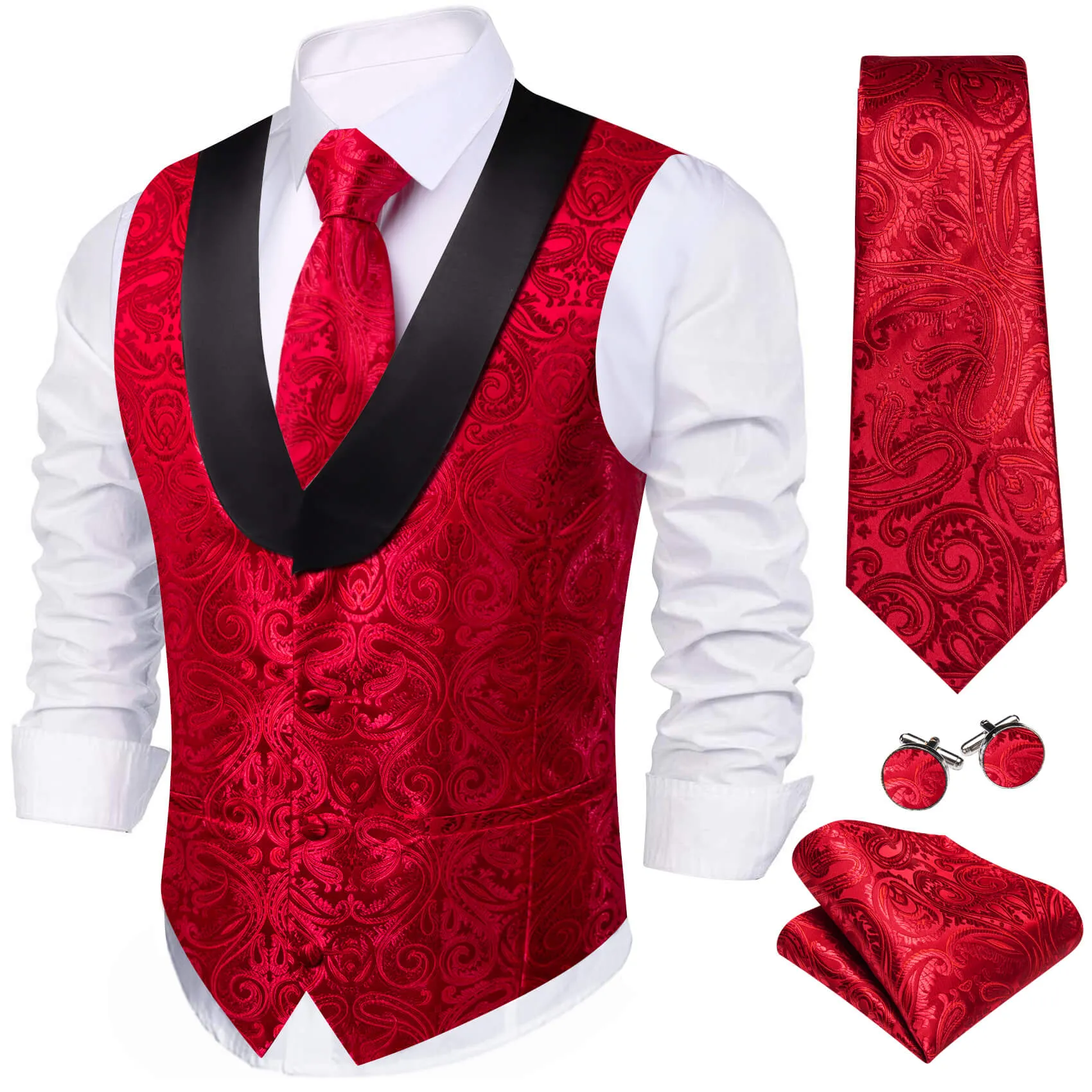 Ties2you Men's Vest Red Jacquard Paisley Shawl Collar Silk Vest Tie Set for Wedding