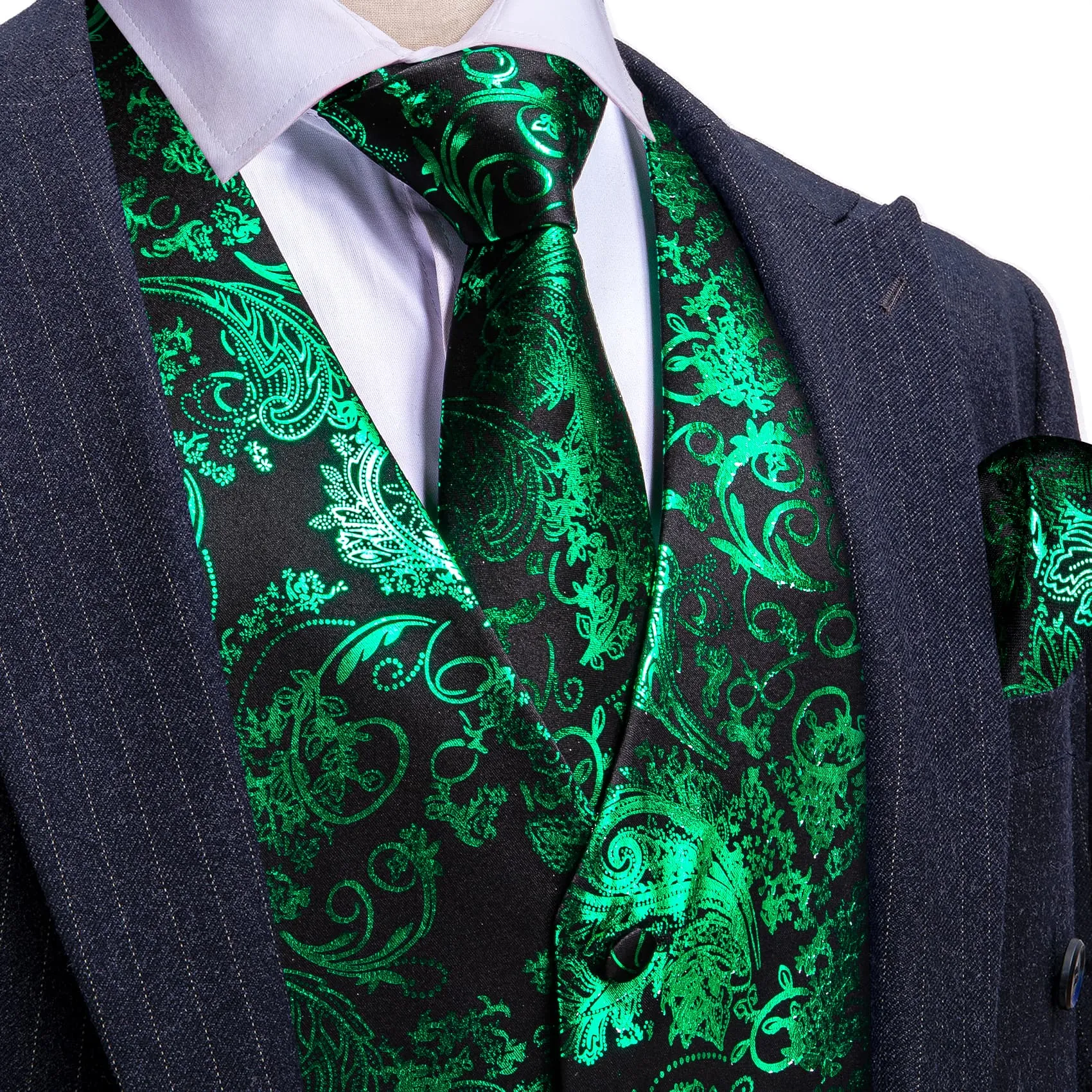 Ties2you Vest for Men Black Emerald Floral V Neck Hot Stamping Silk Vest Dress Tie Set