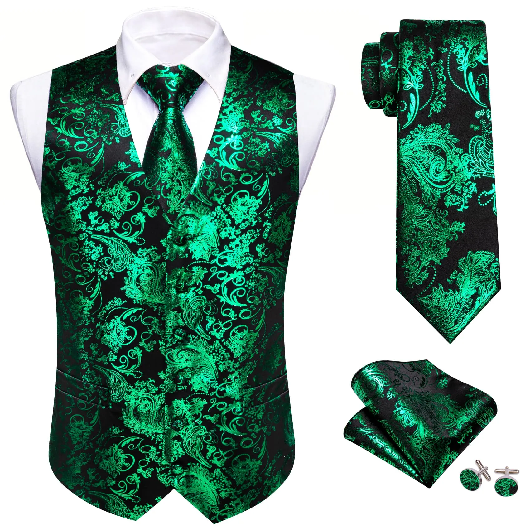 Ties2you Vest for Men Black Emerald Floral V Neck Hot Stamping Silk Vest Dress Tie Set