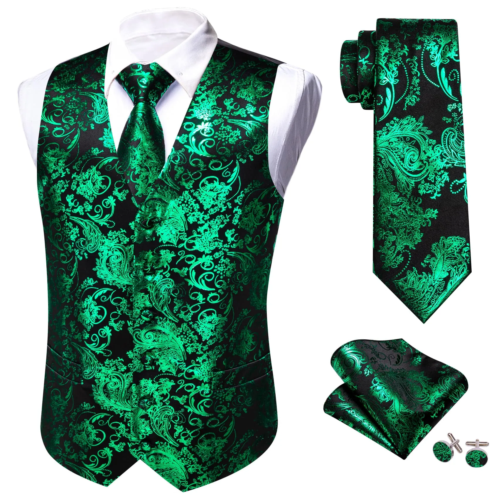 Ties2you Vest for Men Black Emerald Floral V Neck Hot Stamping Silk Vest Dress Tie Set