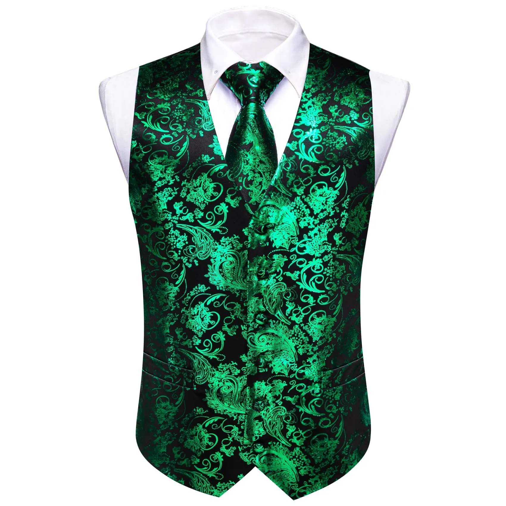 Ties2you Vest for Men Black Emerald Floral V Neck Hot Stamping Silk Vest Dress Tie Set